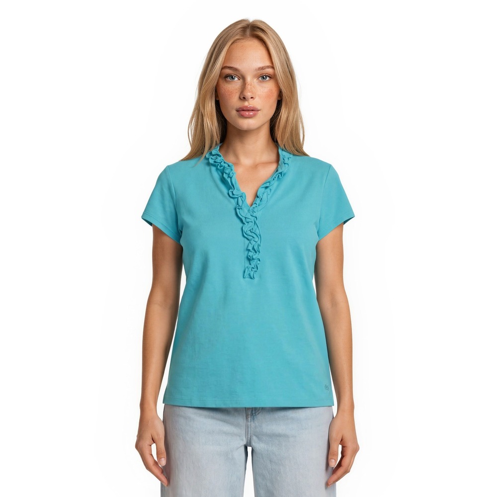 Lilly Pulitzer Luxletic Ruffle Polo Blouse Top Women's Size Large Turquoise Blue